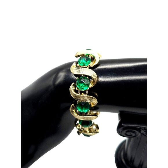 Vintage Gold Tone Bracelet w/ Emerald Green Rhinestones, 1960s - Picture 1 of 5